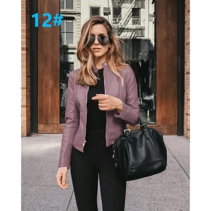 Purple PU leather jacket for women, long-sleeved with black outfit and handbag on street on Tampa Home & Garden Store