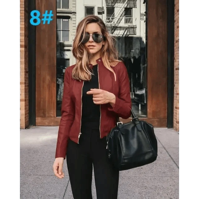 Stevvex women's PU leather jacket burgundy long-sleeve coat on Tampa Home & Garden Store