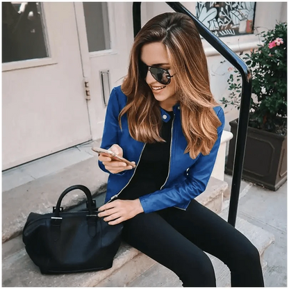 Stevvex women's blue PU leather jacket, long-sleeve solid color, worn by model on Tampa Home & Garden Store