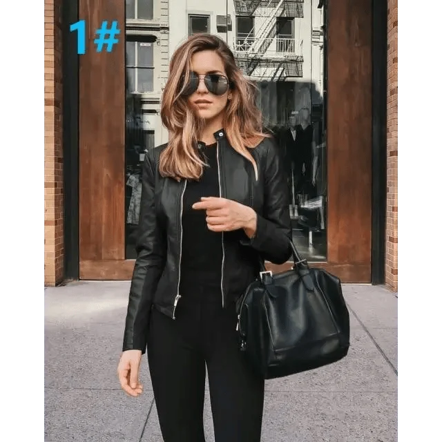 Stevvex women’s PU leather jacket, black, long-sleeve with silver zipper, urban chic on Tampa Home & Garden Store