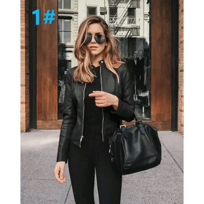 Stevvex women’s PU leather jacket, black, long-sleeve with silver zipper, urban chic on Tampa Home & Garden Store