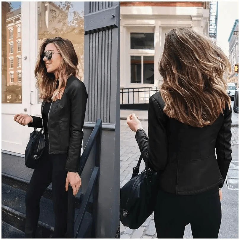 Stevvex women's PU leather jacket black, solid color, long sleeves, chic city outerwear on Tampa Home & Garden Store