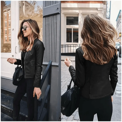 Stevvex women's PU leather jacket black, solid color, long sleeves, chic city outerwear on Tampa Home & Garden Store