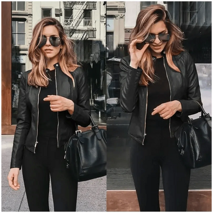 Stevvex women's PU leather jacket black, zip-front long-sleeve coat with black handbag on Tampa Home & Garden Store