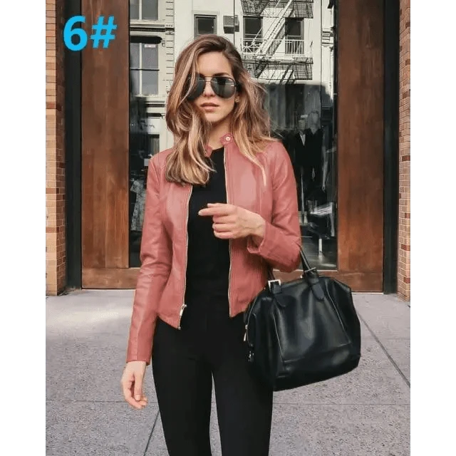 Stevvex women's rose-pink PU leather jacket, long-sleeve biker style with front zipper on Tampa Home & Garden Store
