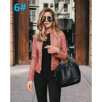 Stevvex women's rose-pink PU leather jacket, long-sleeve biker style with front zipper on Tampa Home & Garden Store
