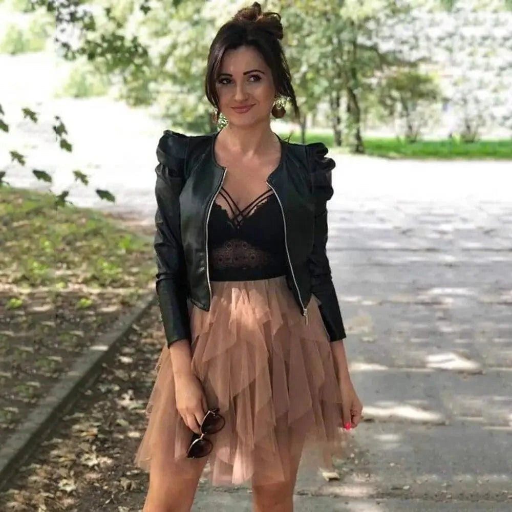 Black PU leather cropped jacket with ruffled shoulders over a lace top and tulle skirt on Tampa Home & Garden Store