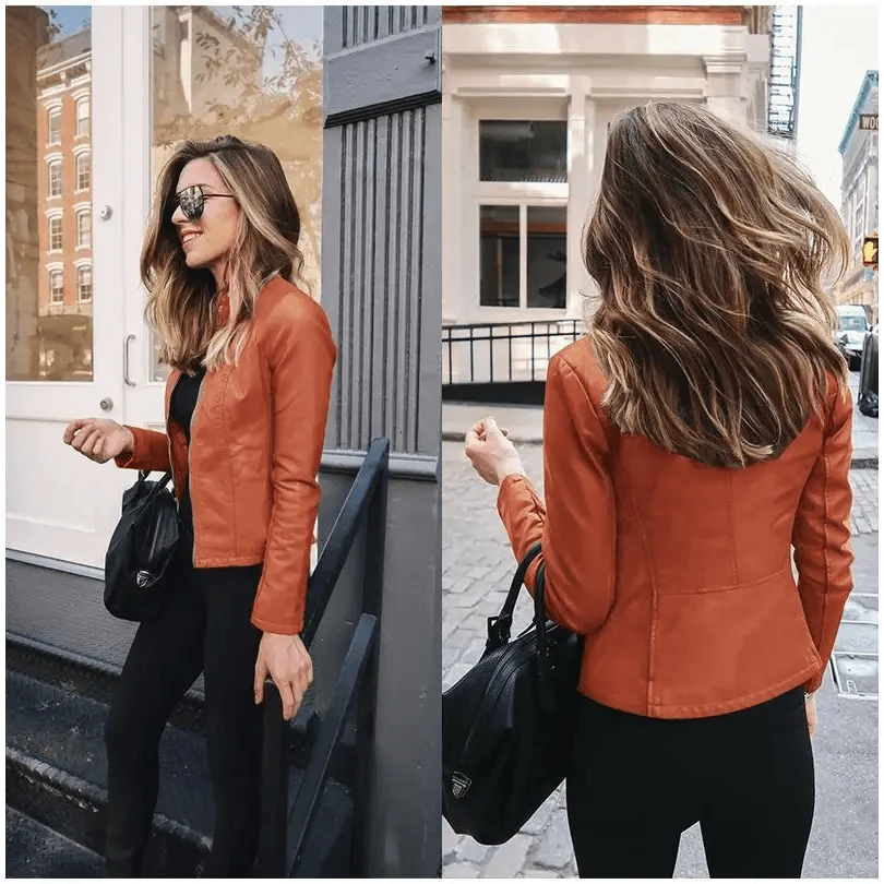 Stevvex women's PU leather jacket burnt orange, front view with black pants on street on Tampa Home & Garden Store