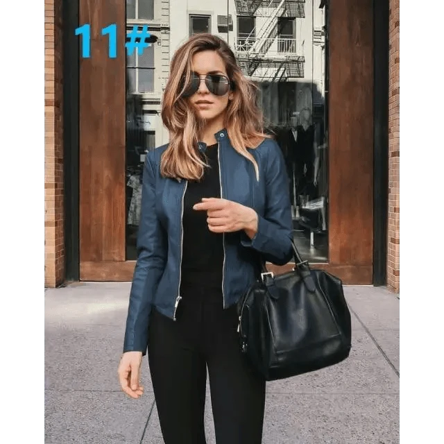 Stevvex women's navy blue PU leather jacket with zip front worn by model carrying a black bag on Tampa Home & Garden Store