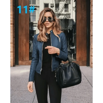 Stevvex women's navy blue PU leather jacket with zip front worn by model carrying a black bag on Tampa Home & Garden Store