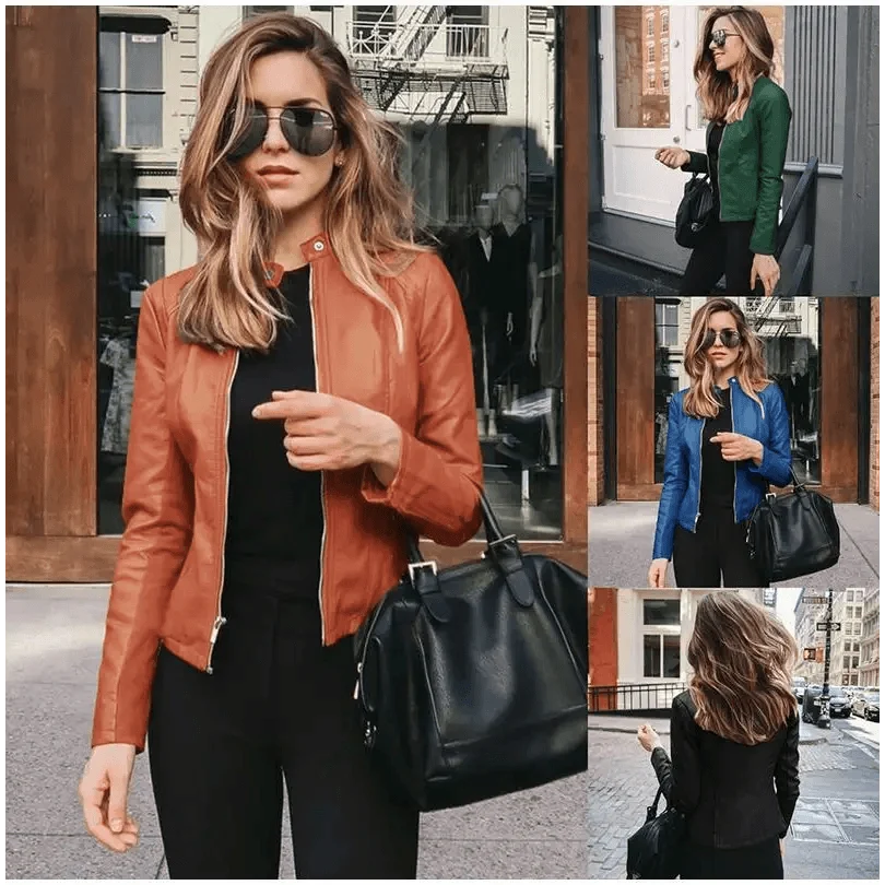 Stevvex women's PU leather jacket in orange, green, blue, black with zip front in four colors on Tampa Home & Garden Store