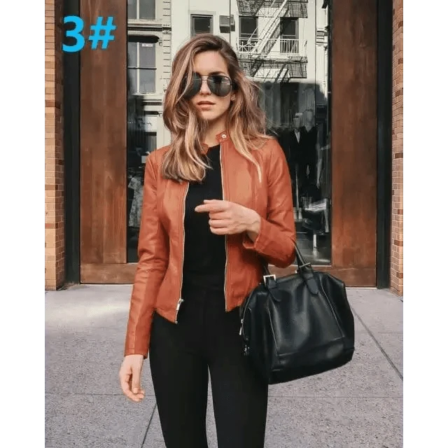 Stevvex women's PU leather jacket burnt orange, long-sleeve zip-front outerwear on Tampa Home & Garden Store