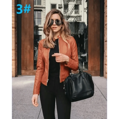 Stevvex women's PU leather jacket burnt orange, long-sleeve zip-front outerwear on Tampa Home & Garden Store