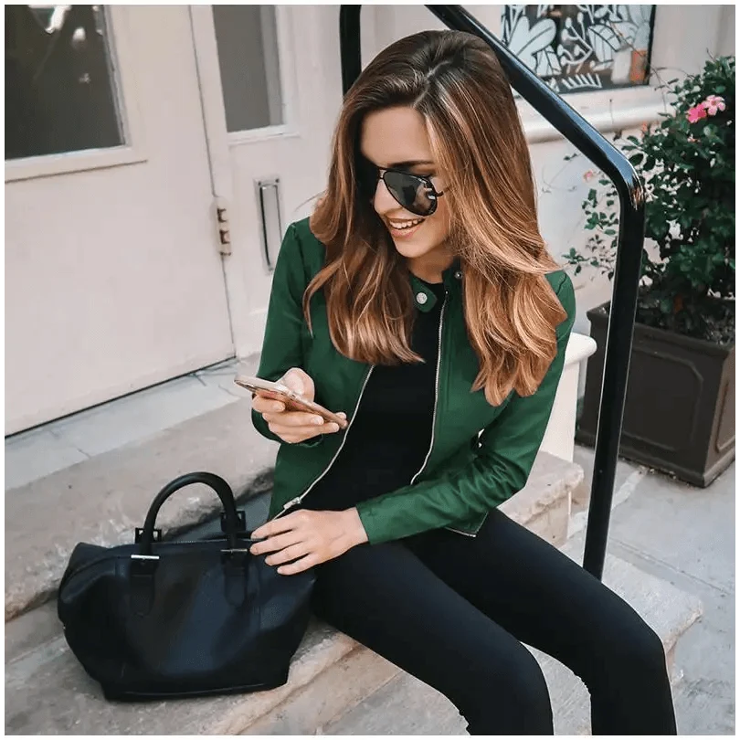 Stevvex green PU leather jacket for women, long-sleeve outerwear on Tampa Home & Garden Store