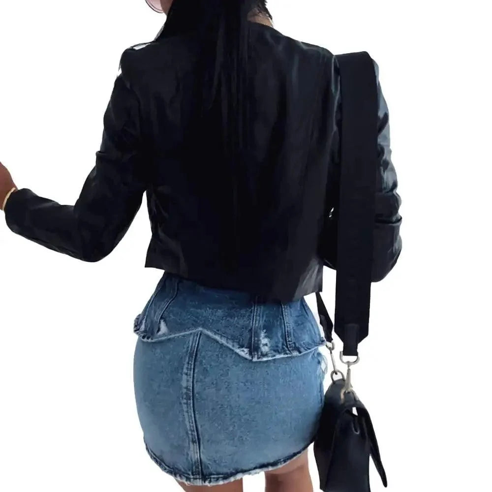 Stevvex women's black PU leather jacket cropped long-sleeve with denim mini skirt and bag on Tampa Home & Garden Store