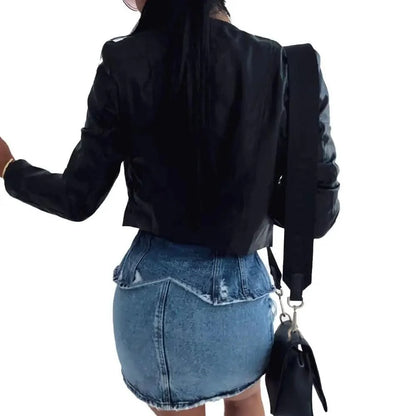 Stevvex women's black PU leather jacket cropped long-sleeve with denim mini skirt and bag on Tampa Home & Garden Store