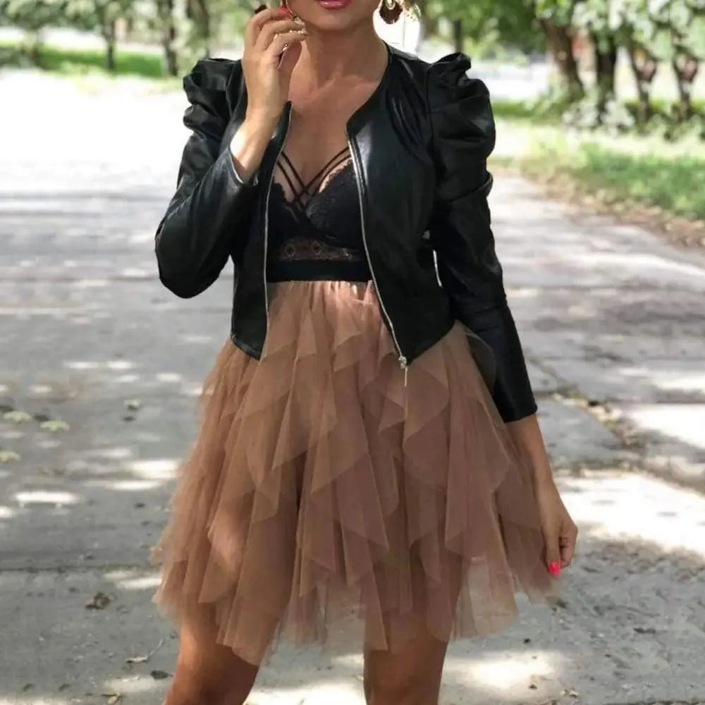 Stevvex women's PU leather jacket with puff shoulders and front zipper over tan layered tulle skirt on Tampa Home & Garden Store