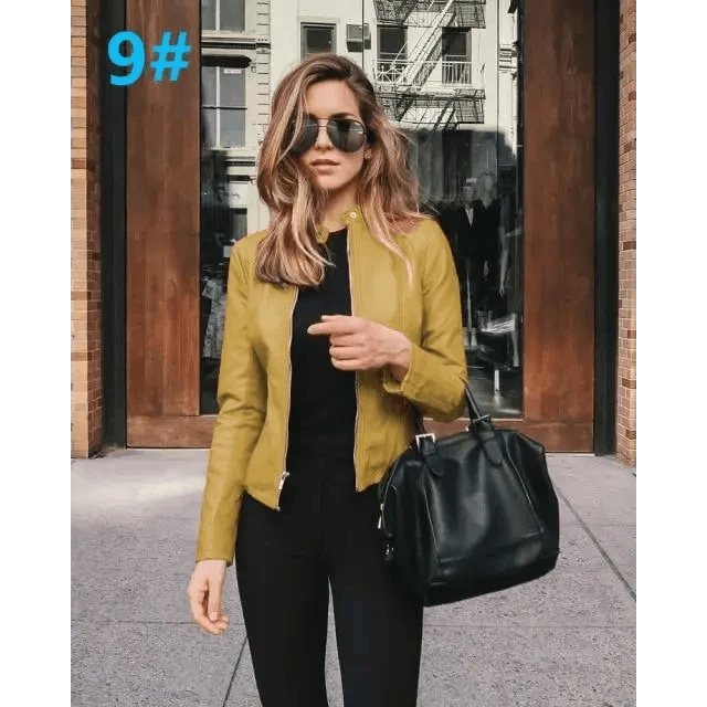 Stevvex women's PU leather jacket olive yellow with zip-front long-sleeve coat on urban street on Tampa Home & Garden Store
