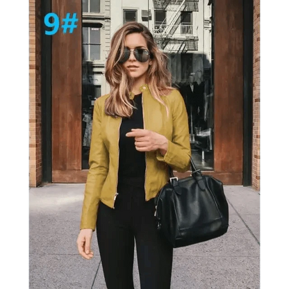 Stevvex women's PU leather jacket olive yellow with zip-front long-sleeve coat on urban street on Tampa Home & Garden Store