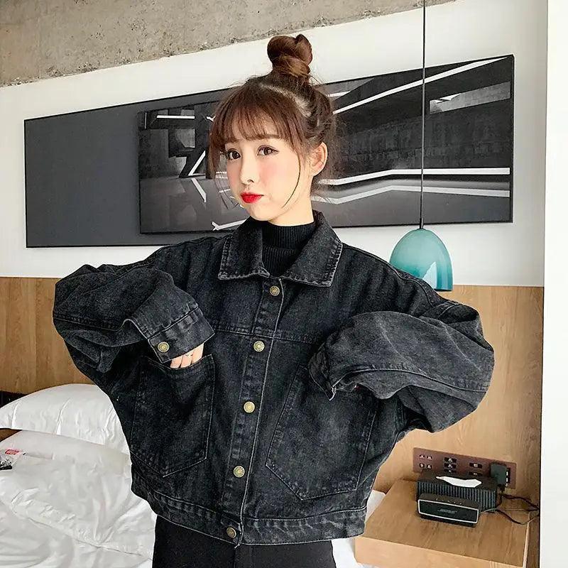 Stevvex black denim short trucker jacket with oversized fit, gold buttons, front pockets on Tampa Home & Garden Store