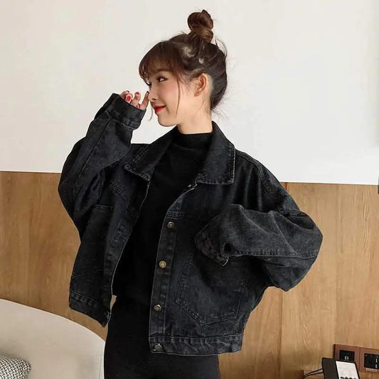 Stevvex black denim trucker jacket, women loose fit, pockets, oversized sleeves on Tampa Store on Tampa Home & Garden Store
