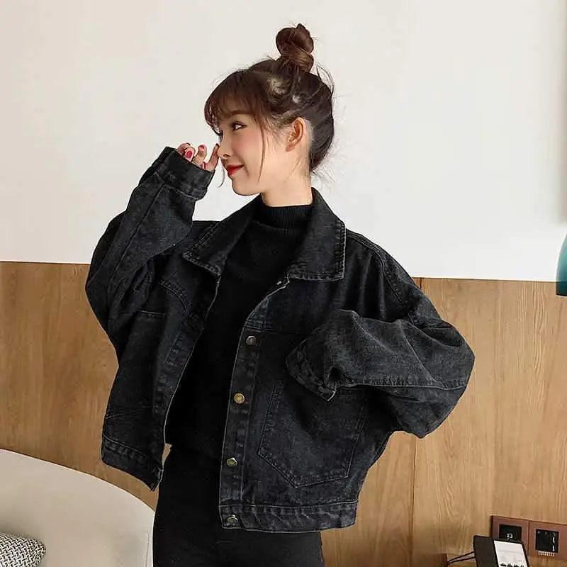 Elegance black denim short trucker jacket, oversized with button front and pockets on Tampa Home & Garden Store