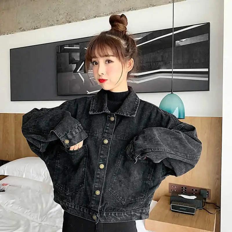 Stevvex black denim short trucker jacket for women, loose fit, single breasted with pockets on Tampa Home & Garden Store