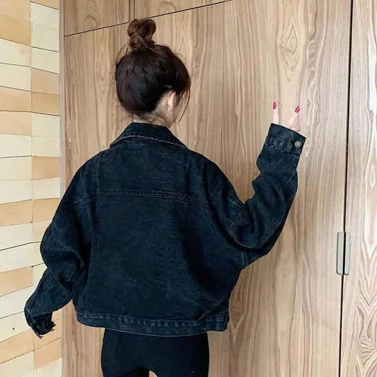 Women’s black denim short trucker jacket, oversized loose fit on Tampa Home & Garden Store