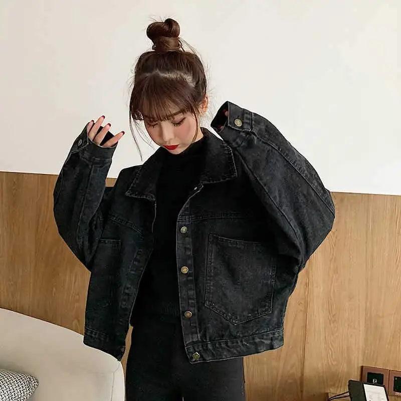 Black denim short trucker jacket by Stevvex, oversized with front pockets for women on Tampa Home & Garden Store