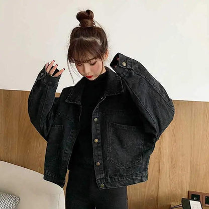 Black denim short trucker jacket by Stevvex, oversized with front pockets for women on Tampa Home & Garden Store