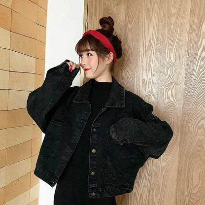 Stevvex black denim short jacket for women, loose fit, button-front with pockets on Tampa Home & Garden Store
