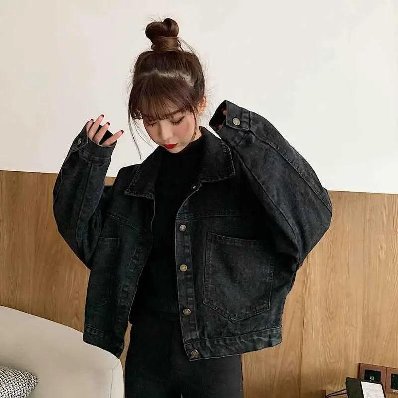 Stevvex black denim trucker jacket for women, oversized loose fit with button front pockets on Tampa Home & Garden Store