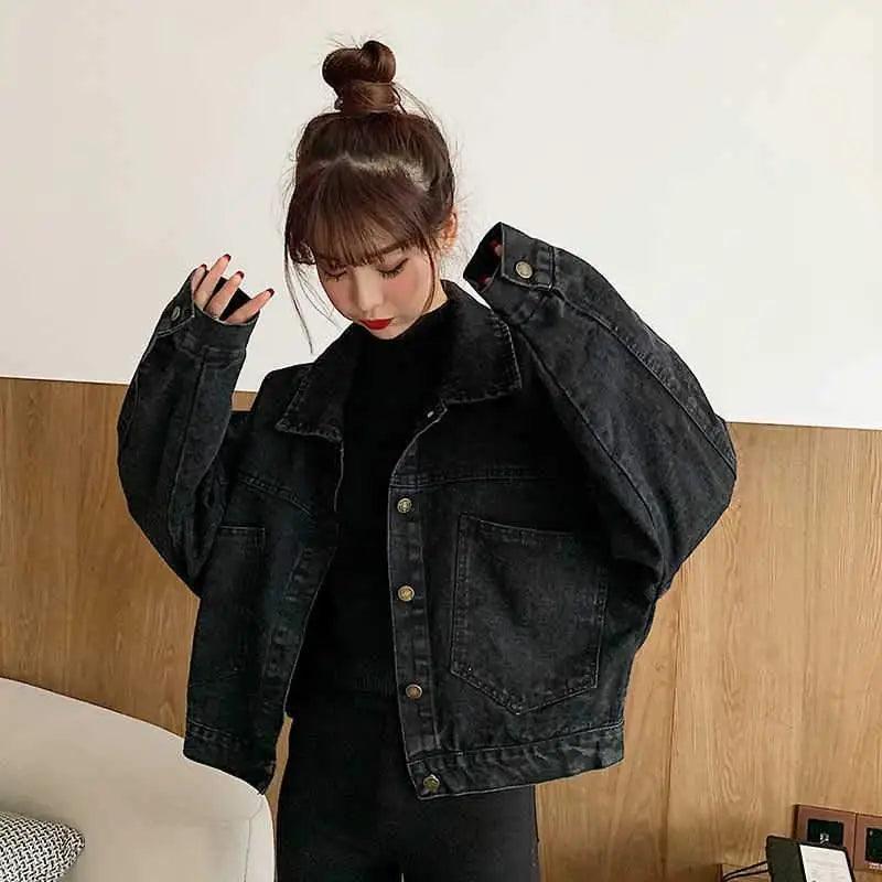 Stevvex black denim trucker jacket for women, oversized with front pockets and button closure on Tampa Home & Garden Store