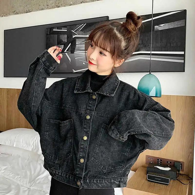 Stevvex black denim short trucker jacket for women, loose fit, button front, large pockets on Tampa Home & Garden Store