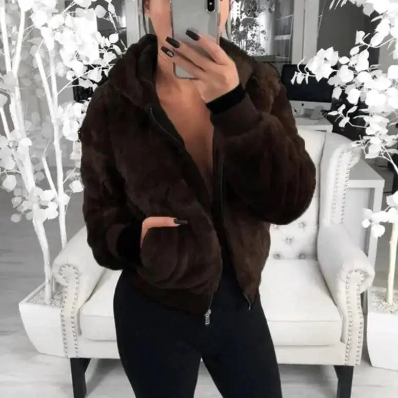 Elegance Black Faux Fur Coat with Hood for Women