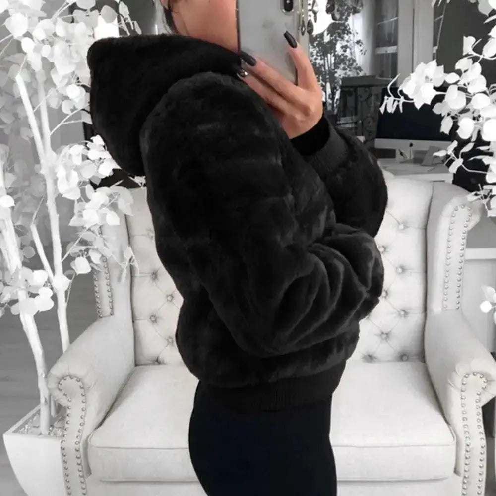 Elegance Black Faux Fur Coat with Hood for Women