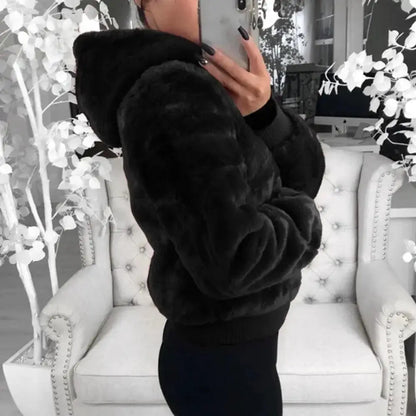 Elegance Black Faux Fur Coat with Hood for Women