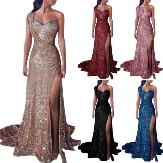 Sequin evening gown collage in champagne, red, pink, black, and blue with thigh-high slit on Tampa Home & Garden Store