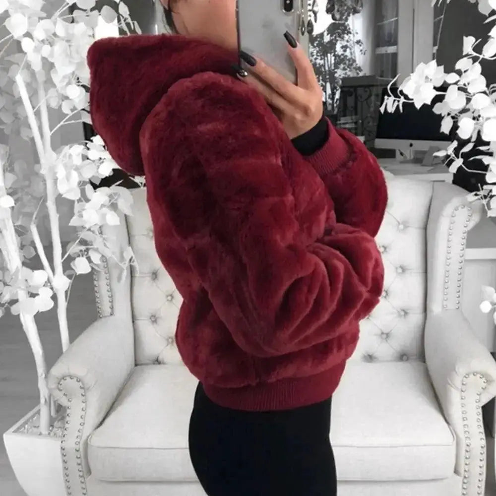 Elegance Black Faux Fur Coat with Hood for Women
