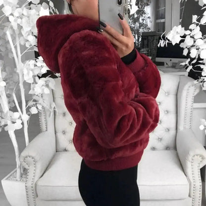 Elegance Black Faux Fur Coat with Hood for Women