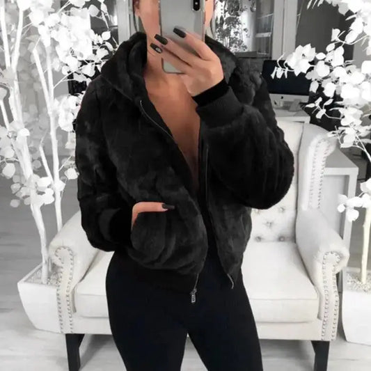 Elegance faux fur women coat with hood parka black Stevvex on Tampa Home & Garden Store