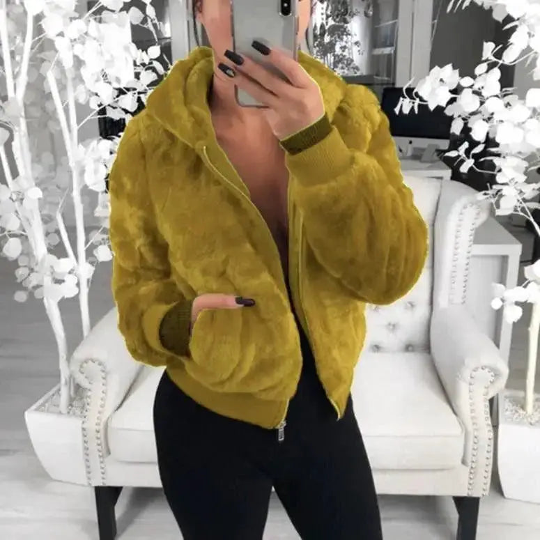 Elegance Black Faux Fur Coat with Hood for Women