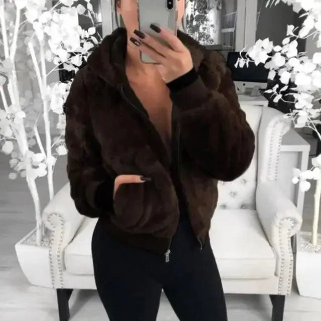 Elegance Black Faux Fur Coat with Hood for Women