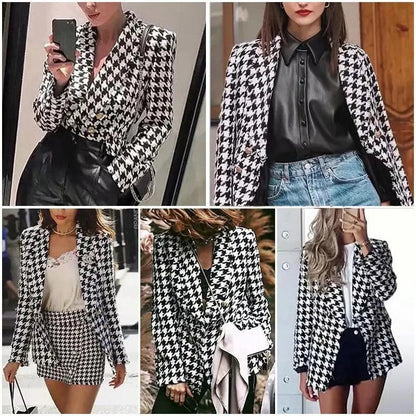 Stevvex womens houndstooth tweed blazer, black white check, tailored double breasted 5 looks on Tampa Home & Garden Store