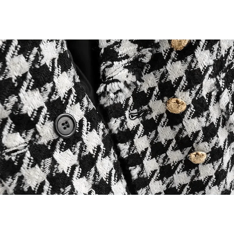 Stevvex tweed coat in black and white houndstooth with gold buttons on Tampa Home & Garden Store