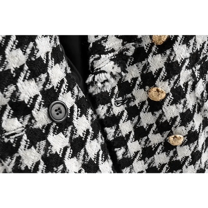 Stevvex tweed coat in black and white houndstooth with gold buttons on Tampa Home & Garden Store