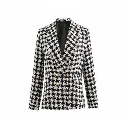 Stevvex Elegance women tweed coat in black and white houndstooth with gold buttons overcoat on Tampa Home & Garden Store
