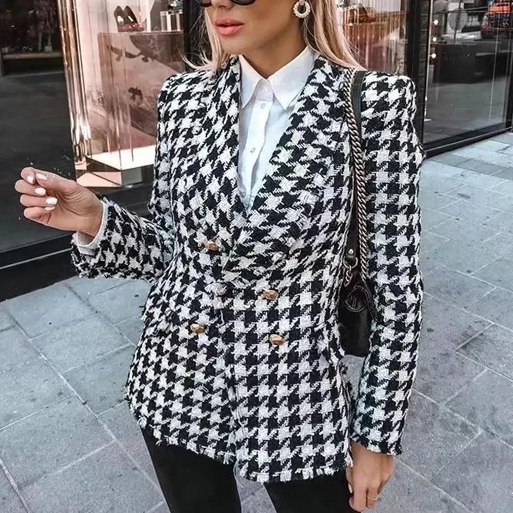 Stevvex houndstooth tweed overcoat, black/white plaid, double-breasted longline coat on Tampa Home & Garden Store
