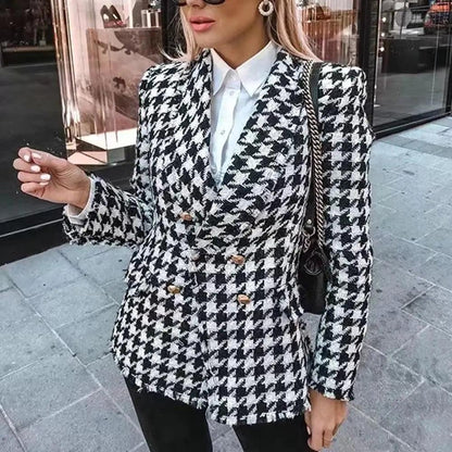 Stevvex houndstooth tweed overcoat, black/white plaid, double-breasted longline coat on Tampa Home & Garden Store