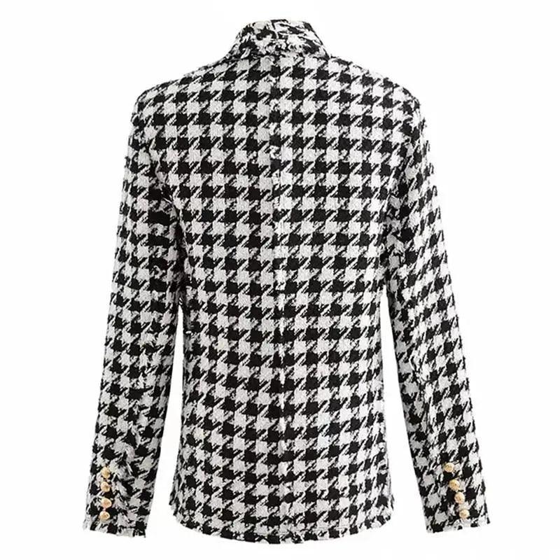 Women's tweed coat in black and white houndstooth, back view with gold cuff buttons Stevvex on Tampa Home & Garden Store